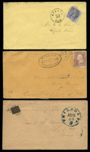 Group to 1930's, majority pre 1910, many to a single addressee, with single and multiple frankings. Noted pre-stamp entires (5), o'seas destinations (3), 1849 cover with "Blood's Post Office Despatch", 1861 cover to Baton Rouge with oval "R. I. BARRACKS/ 