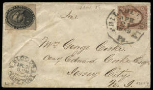 LOCAL POSTS: 1855 Blood's Penny Post 1c black (Sc.15L18), on cover together with 3c Washington on 21 Apr.1859 cover from PHILADELPHIA to Jersey City, with double-ring "BLOOD'S PENNY POST" cachet at lower left.