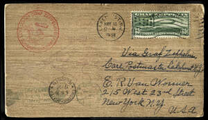 30 May 1930 Zeppelin flown postcard (wood veneer on cardboard), franked with 65c Zeppelin (Sc.C13) for the First Europe Pan American round flight. With red and violet cachets, Friedrichshafen "6.6.30" cds and green Zeppelin New York arrival postmark. Cat 