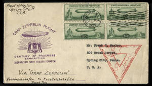 2 Oct.1933 (Frost.127-197A & Dc) Zeppelin cover, with New York First Day cancellation, franked with 50c Zeppelin blk.4 (Sc.C18) with red flight cachet & Friedrichshafen b/stamp; 26 Oct.1933 Chicago - Germany flown Zeppelin cover with "Dispatched from Chic
