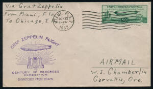 23 Oct.1933 (Frost.127-197Bb) Miami - Chicago flown Graf Zeppelin cover, franked with 50c green Zeppelin (Sc.C18) and with violet "DISPATCHED FROM MIAMI" cachet plus Chicago Fair machine b/stamp. Cat $US200.