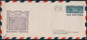 1938-50 PAN-AM 1st flight covers: Mar.1938 Baltimore - Bermuda; June 1939 New York - G.B. (x2); June 1939 G.B. - New York; Aug.1939 G.B. - New York via Eire, Newfoundland & Canada; June 1940 Seattle - Juneau, Alaska and return; July 1950 Beirut, Lebanon -