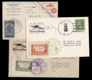 22 Sept.1935 First American Mailrocket Flight vignette sheets of 4 in red & blue (buildings with windows); 23 Feb.1936 cover and postcard for the 1st American Rocket Airplane flight, each with a single vignette and signed by Willey Ley plus aset of 11 sep