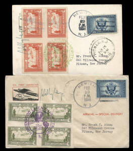 22 Sept.1935 First American Mailrocket Flight vignette sheets of 4 in red & blue, endorsed in pen "Essay", with fingerprints on the reverse; 23 Feb.1936 cover and postcard for the 1st American Rocket Airplane flight, each with a block of 4 vignettes and s