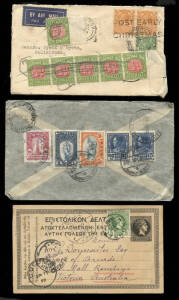 World covers with Australia pre-decimal FDC group starting with 1930 Sturt pair (40+, many PMG), New Zealand group (40+) and a world group incl. many from Malaya in the 1940's. Noted airmails, registered, 1899 uprated postal card Athens - Melbourne, 1934 