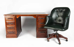 DESK: Twin pedestal mahogany desk with embossed black leather insert top, c1900. 140 x 81cm. Plus a green leather revolving chair.