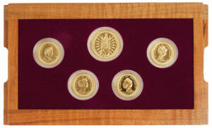 1992 'ROYAL LADIES' proof set of x4 $250 coins and a medallion, issued for the 40th Anniversary of the accession of Queen Elizabeth II. In a quality multi-timbered presentation case with a booklet. Each 22 carat gold (91.67 fine), total weight 101.75 gms.