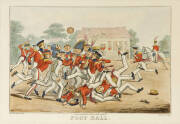 SPORT PRINTS & ENGRAVINGS: "Football", restrike etching (originally drawn by Robert Cruikshank & published in 1827); Prints (5) of 1885 Tennis lithograph by J.Louvy, showing mixed doubles match; c1900 photograph of two young boys with tennis racquets; c19