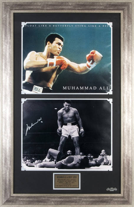 MUHAMMAD ALI, display "Float Like A Butterfly Sting Like A Bee", with signed photograph of Ali standing over Sonny Liston, window mounted with another photograph, framed & glazed, overall 75x116cm.