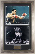 MUHAMMAD ALI, display "Float Like A Butterfly Sting Like A Bee", with signed photograph of Ali standing over Sonny Liston, window mounted with another photograph, framed & glazed, overall 75x116cm.