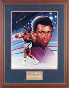 MUHAMMAD ALI, signature on photo of a Ron Lewis print, window mounted, framed & glazed, overall 60x77cm.
