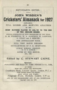 "Wisden Cricketers' Almanack for 1927", rebound in brown cloth (lacking wrappers). Good condition. Shows Bill Woodfull as one of the Five Cricketers of the Year.