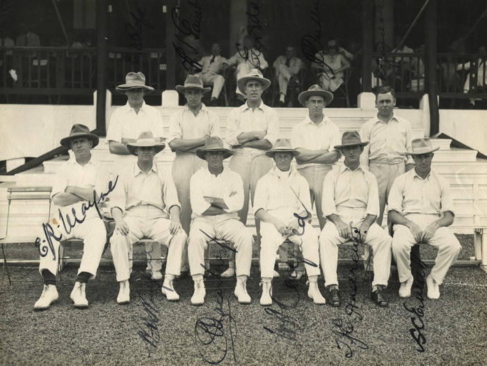 1927 AUSTRALIAN TOUR TO MALAYA (W.A.S.Oldfield's XI Tour of Malaya & Singapore), team photograph, signed on photograph by the team, 11 signatures - Edgar Mayne, Bill Woodfull, Charles Macartney, Bert Oldfield, Tommy Andrews, Sam Everett, E.F.Rofe, Herbert