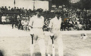 BILL WOODFULL'S PHOTOGRAPHS, various sizes, noted photos of Bill Woodfull (8); Woodfull & Bradman walking out to bat; meeting King George V & Queen Mary (2); team photos (4) - 1927 Australian tour to Malaya; 1928-29 Australian team for 1st Test (Bradman's