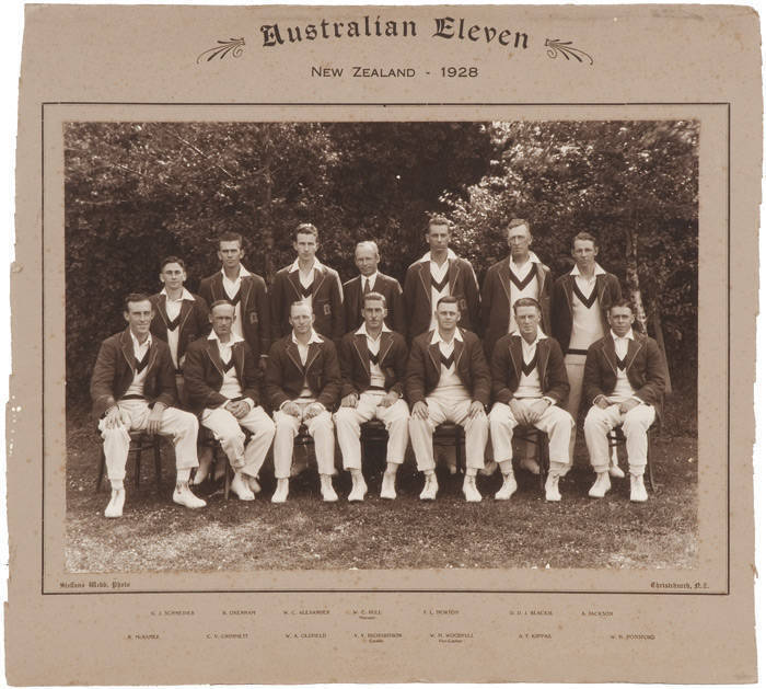 1928 AUSTRALIAN TEAM, team photograph by Steffano Webb (Christchurch, NZ) with title "Australian Eleven, New Zealand - 1928" and players names on mount, size 45x41cm. Minor tone spots on mount, though a very rare team photograph.
