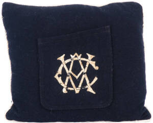 BILL WOODFULL'S BLAZER POCKET, from his Victorian blazer, navy blue wool, embroidered "VCA" monogram, made into a small cushion with other parts of the blazer. Fair condition.
