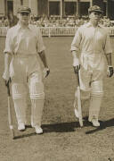 BILL WOODFULL'S 1930 ASHES TOUR PHOTOGRAPH ALBUM: Large Photograph Album, very well annotated by Woodfull, with photographs (207), the highlight, a photograph of Don Bradman walking out to bat at Leeds (for his record 334), signed & endorsed "To Billy Woo - 4