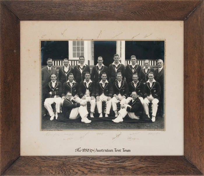 1930 AUSTRALIAN TEAM, large official team photograph, taken by Bolland, titled "The 1930 (17th) Australian Test Team", signed to mount by the entire team, 17 signatures - W.L.Kelly (manager), Archie Jackson (scarce - he died of TB in 1933), Tim Wall, Ted