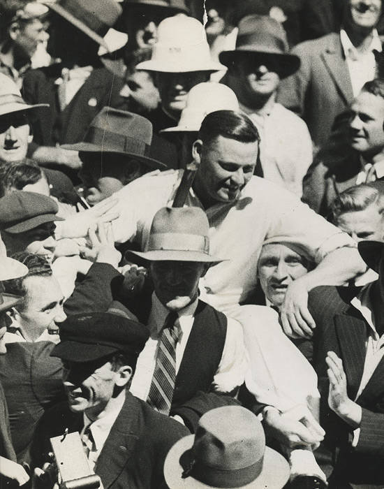 BILL WOODFULL'S 1932-33 BODYLINE TOUR PHOTOGRAPH ALBUM: Large Photograph Album, very well annotated, with photographs (126), including the Bodyline tour (84); beautiful photograph titled "Village Cricket - England"; 1930 Ashes tour (2); 1933-34 Sheffield