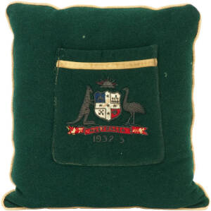 BILL WOODFULL'S BLAZER POCKET, from the 1932-33 Bodyline Series, green wool, yellow silk trim, wire-embroidered Coat-of-Arms & "1932-3", made into a small cushion with other parts of the blazer. Good condition. All that survives of the Australian captain'