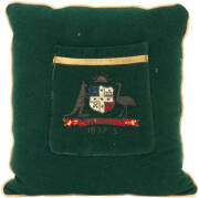 BILL WOODFULL'S BLAZER POCKET, from the 1932-33 Bodyline Series, green wool, yellow silk trim, wire-embroidered Coat-of-Arms & "1932-3", made into a small cushion with other parts of the blazer. Good condition. All that survives of the Australian captain'