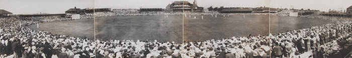 BILL WOODFULL'S 1934 ASHES TOUR PHOTOGRAPH ALBUM No.3: Large Photograph Album, very well annotated, with photographs (159), including action photographs, and others showing the huge crowds. Highlights include panoramic photos (4 joined) of the 3rd Test at