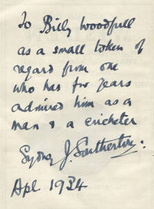 "Wisden Cricketers' Almanack for 1934", original paper wrappers, endorsed inside by the editor "To Billy Woodfull as a small token of regard from one who has for years admired him as a man & a cricketer. Sydney J.Southerton, Apl 1934". Fair/Good condition