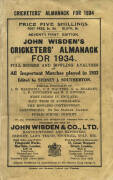 "Wisden Cricketers' Almanack for 1934", original paper wrappers, endorsed inside by the editor "To Billy Woodfull as a small token of regard from one who has for years admired him as a man & a cricketer. Sydney J.Southerton, Apl 1934". Fair/Good condition - 2
