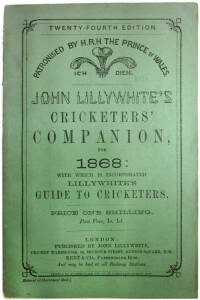 "John Lillywhite's Cricketers' Companion, For 1868" [London, 1868], original green paper wrappers. Good condition.