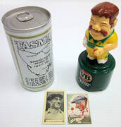 CRICKET GROUP, noted c1870s-80s cricket belt buckle; cricket cards (2) with scarce Sweetacres colour card showing Bradman; 'Boags' beer can celebrating Tasmania's 1977-78 Sheffield Shield season; VB Boonie doll. - 2