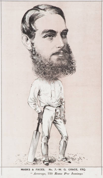 W.G.GRACE, 1873 lithograph, "Masks & Faces. No.7 - W.G.Grace, Esq. Average, 220 Runs Per Innings" from 'The Weekly Times' (Australia) Dec.20, 1873, window mounted, overall 35x49cm. A splendid lithograph of the young W.G.Grace, in superb condition and extr