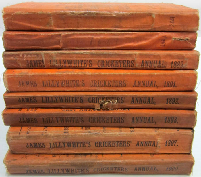 "James Lillywhite's Cricketers' Annual" for 1885, 1887, 1889, 1891, 1892, 1893, 1897 & 1900. A good run with orange covers, though only the 1892, 1893 & 1900 issues have original photographs. Poor/Good condition.