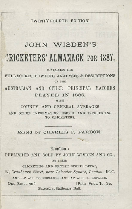 "Wisden Cricketers' Almanack for 1887", rebound in brown cloth (without wrappers). Fair/Good condition.