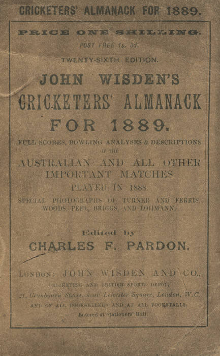 "Wisden Cricketers' Almanack for 1889", rebound in green cloth, preserving front wrapper. Fair/Good condition.