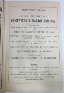 "Wisden Cricketers' Almanack for 1892", rebound in brown cloth (without wrappers). Fair/Good condition.