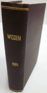 "Wisden Cricketers' Almanack for 1905", rebound in brown cloth (without wrappers & title page). Fair/Good condition.