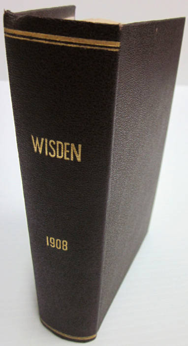 "Wisden Cricketers' Almanack for 1908", rebound in brown cloth (without front wrapper). Fair/Good condition.