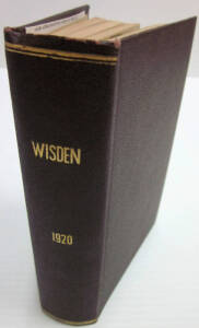 "Wisden Cricketers' Almanack for 1920", rebound in brown cloth (without back wrapper). Fair/Good condition.