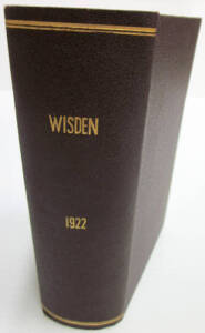 "Wisden Cricketers' Almanack for 1922", rebound in brown cloth (without back wrapper). Fair/Good condition.