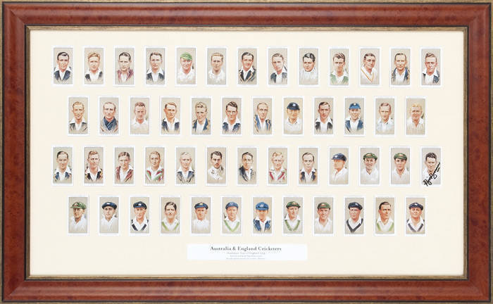 BILL BROWN: "Australia & England Cricketers", display with replica "1934 Cricketers" cards [50], with one signed by Bill Brown, window mounted, framed & glazed, overall 83x51cm.