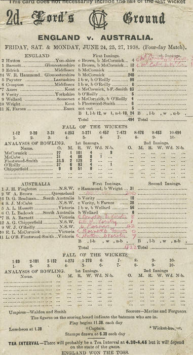 BILL BROWN: Official scorecard for 1938 Ashes 2nd Test at Lord's, partially completed in red by Bill Brown, showing his 206 not out in the first innings, described by him as his greatest achievment in Test cricket. Good condition. Ex Bill Brown's personal