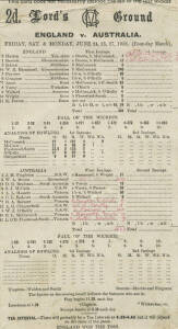 BILL BROWN: Official scorecard for 1938 Ashes 2nd Test at Lord's, partially completed in red by Bill Brown, showing his 206 not out in the first innings, described by him as his greatest achievment in Test cricket. Good condition. Ex Bill Brown's personal