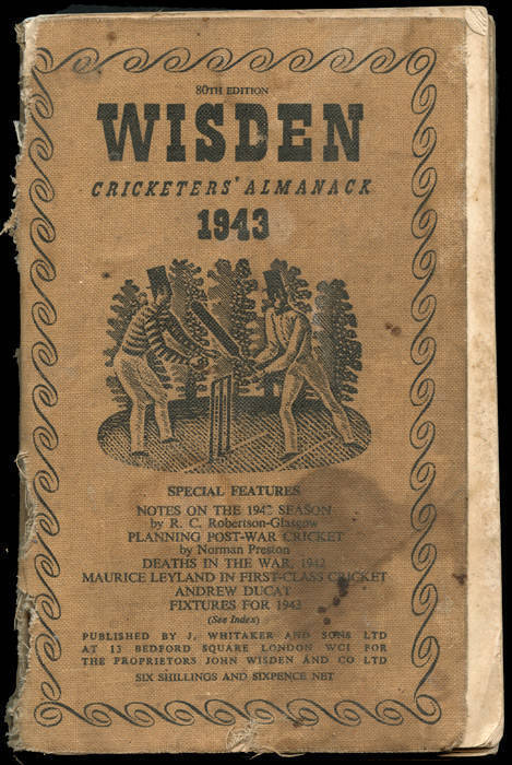 "Wisden Cricketers' Almanack for 1943", buff linen covers. Scarce wartime issue. Also NSWCA "Cricket Year Book" for 1931-32 & 1935-36; Wrigleys scoring sheet for 1936-37. Poor/Fair condition.