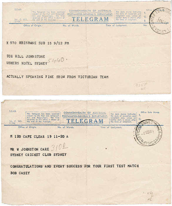 BILL JOHNSTON: 1947 (Nov.18-27) Telegrams (12) to Bill Johnston, congratulating him on his First Test Match. [Bill Johnston played 40 Tests 1947-55, one of the Invincibles].