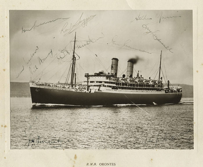 1948 AUSTRALIAN TEAM, photograph of R.M.S."Orontes" with 14 signatures on the photograph, including Don Bradman, Ray Lindwall, Neil Harvey & Arthur Morris (4 signatures have faded, though others are clear). Some tone spots on mount, overall 26x20cm.