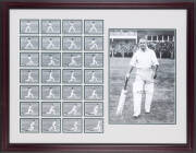 DON BRADMAN, display comprising signed photograph, window mounted with 28 frame-by-frame photographs of Bradman batting, framed & glazed, overall 93x72cm.