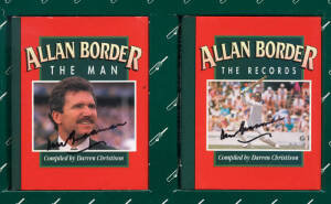 DON BRADMAN: Books "Bradman - The Man" & "Bradman - The Records" by Christison [Melbourne, 1994], both signed inside, and also signed on plastic slip-case. Also Books "Allan Border - The Man" & "Allan Border - The Records" by Christison [Melbourne, 1994],