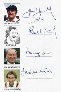 ENGLISH CRICKETERS: Nice collection of English cricketers autographs, signed or laid down next to pictures, four per A4 page, includes English and imported players, noted Dennis Amiss, Alec Bedser, Andy Caddick, Geoff Boycott, Nasser Hussain, Ray Illingwo