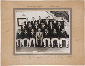 1953 AUSTRALIAN TEAM, official team photograph, with title "Australian Cricket Team 1953. Coronation Tour" printed on mount, signed to mount by entire team, 18 faded signatures including Lindsay Hassett, Ray Lindwall & Arthur Morris, overall 31x25cm. Fair