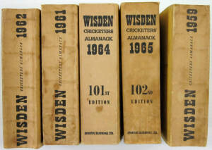 "Wisden Cricketers' Almanack"s for 1959, 1961, 1962, 1964 & 1965. All with limp yellow covers. Fair/Good condition.